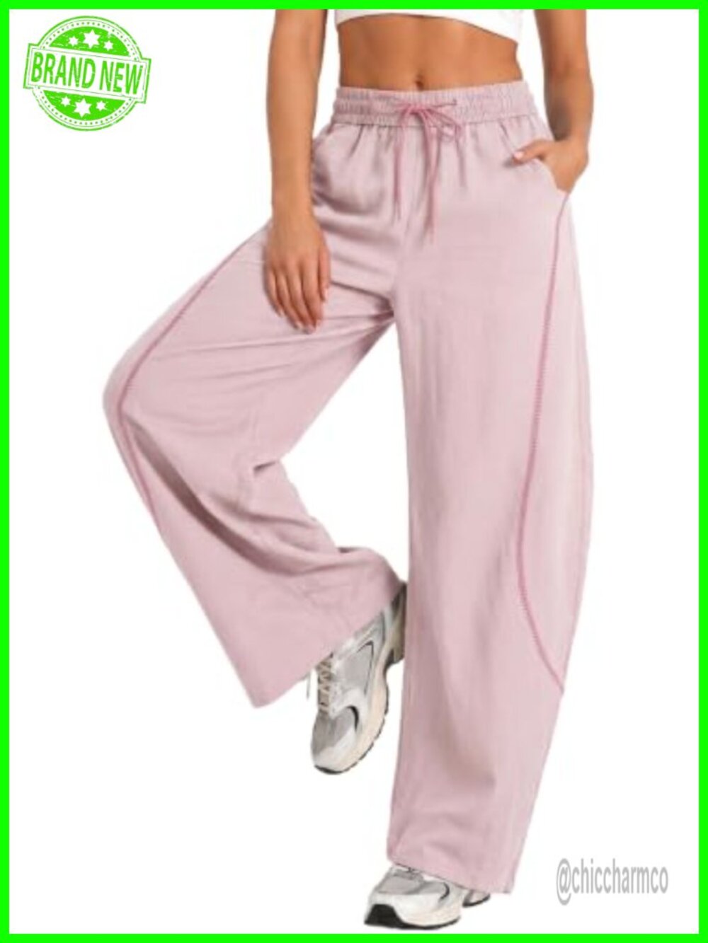 Women's Baggy Balloon Pants Contrast Stitching Drawstring Elastic Waist Wide
